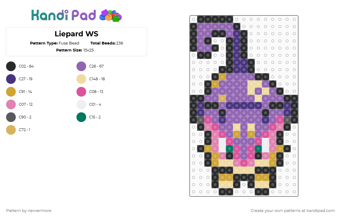 (510) Liepard WS - Fuse Bead Pattern by nevvermore on Kandi Pad - pink,pokemon,gen 5,unova,liepard,cat,dark pokemon