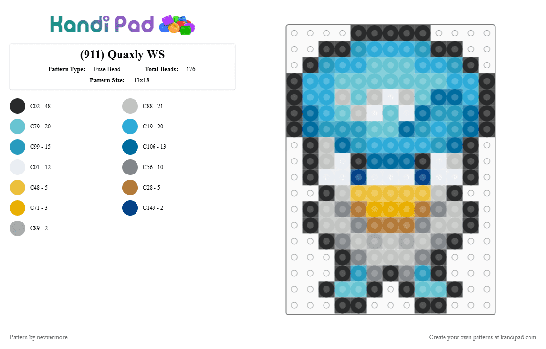(911) Quaxly WS - Fuse Bead Pattern by nevvermore on Kandi Pad - light blue,blue,beige,pokemon,quaxly,water pokemon,starter pokemon,gen 9,paldea