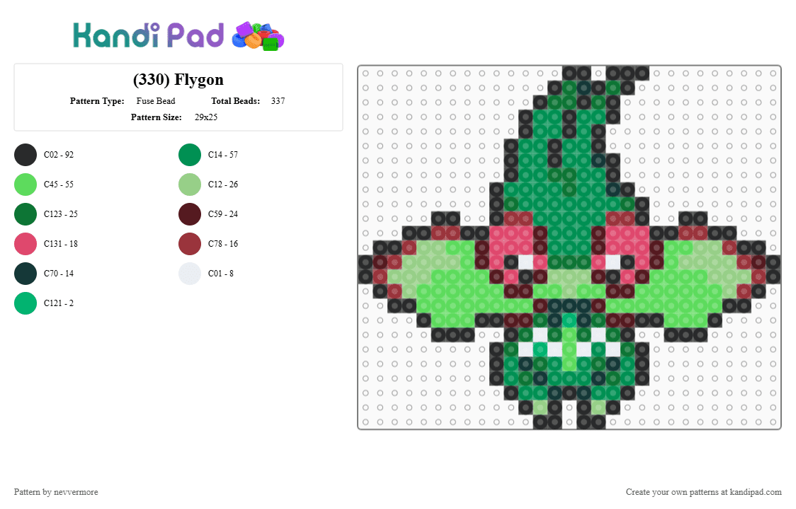 (330) Flygon - Fuse Bead Pattern by nevvermore on Kandi Pad - green,teal,gen 3,hoenn,flygon,ground pokemon