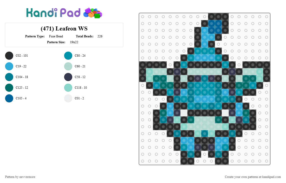 (471) Leafeon WS - Fuse Bead Pattern by nevvermore on Kandi Pad - light blue,teal,pokemon,leafeon,grass pokemon,eeveelution,gen 4,sinnoh