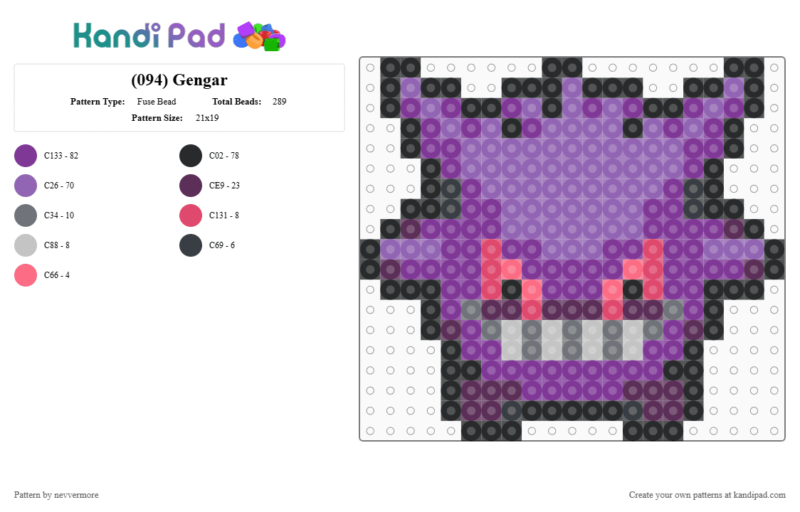 (094) Gengar - Fuse Bead Pattern by nevvermore on Kandi Pad - gen 1, gengar, ghost, kanto, pink, poison, pokemon