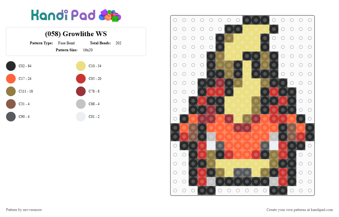 (058) Growlithe WS - Fuse Bead Pattern by nevvermore on Kandi Pad - black,yellow,red,orange,colorful,growlithe,pokemon,fire pokemon,gen 1,kanto