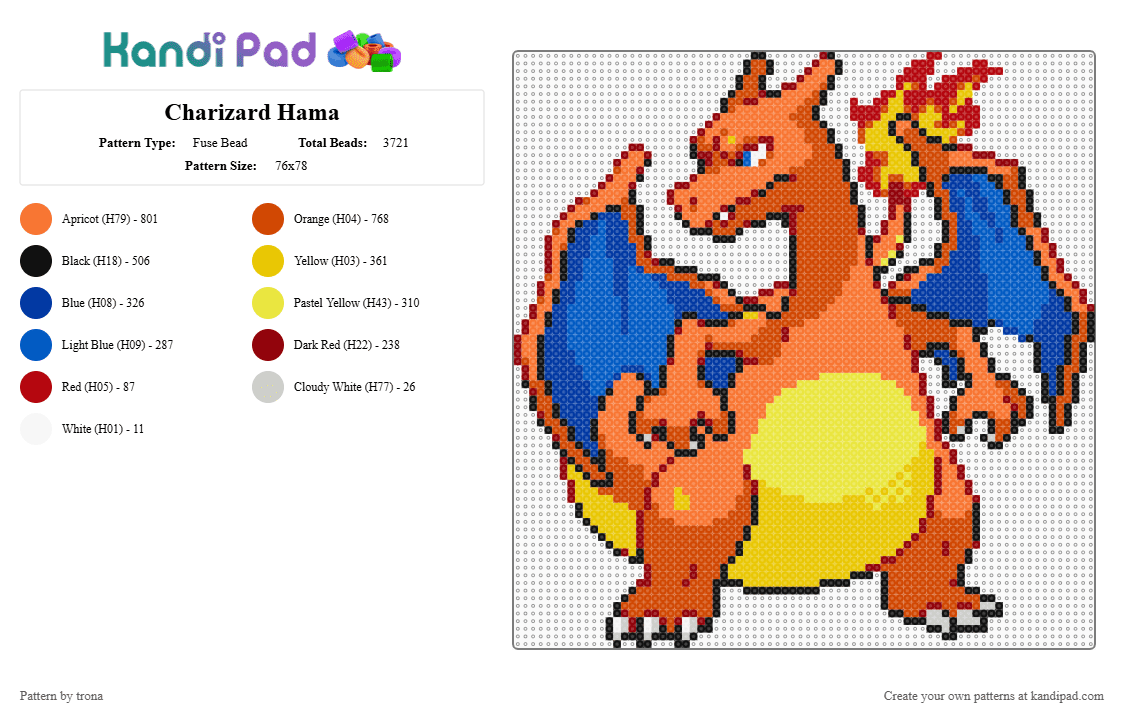 Charizard Hama - Fuse Bead Pattern by trona on Kandi Pad - charizard, hama, orange, pokemon, red