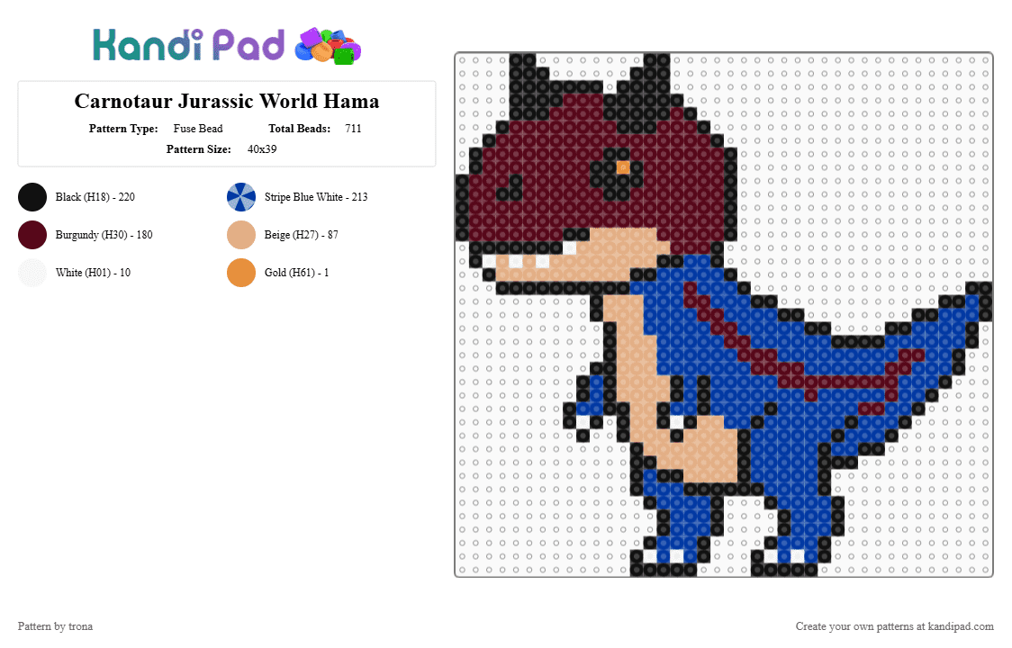 Carnotaur Jurassic World Hama - Fuse Bead Pattern by trona on Kandi Pad - blue,brown,hama,dinosaur,carnotaur