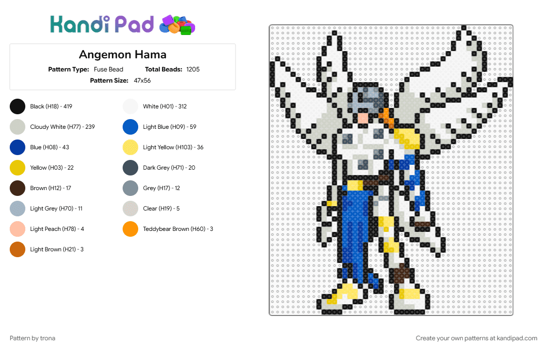 Angemon Hama - Fuse Bead Pattern by trona on Kandi Pad - angemon, blue, digimon, hama, white, yellow