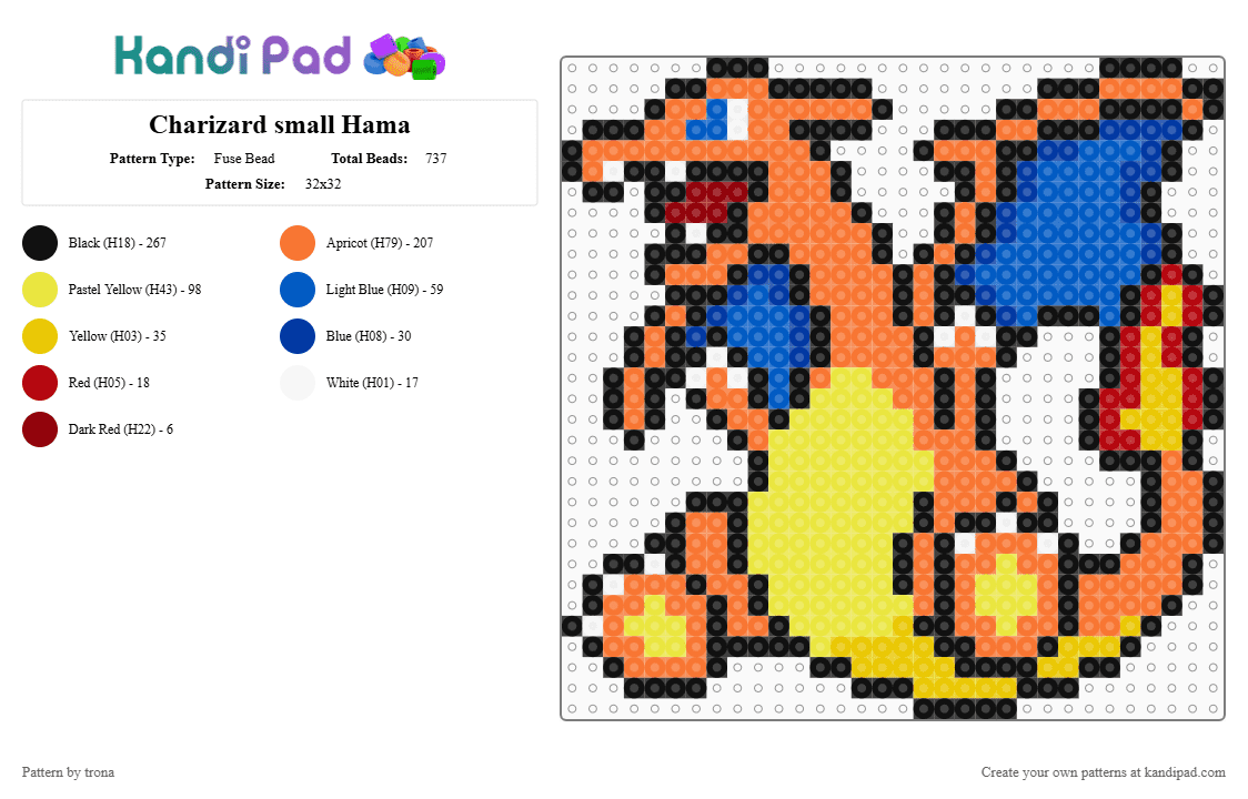 Charizard small Hama - Fuse Bead Pattern by trona on Kandi Pad - orange,yellow,hama,pokemon,charizard