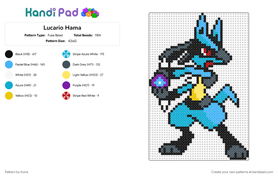 Lucario Hama - Fuse Bead Pattern by trona on Kandi Pad - black, hama, light blue, lucario, pokemon, purple