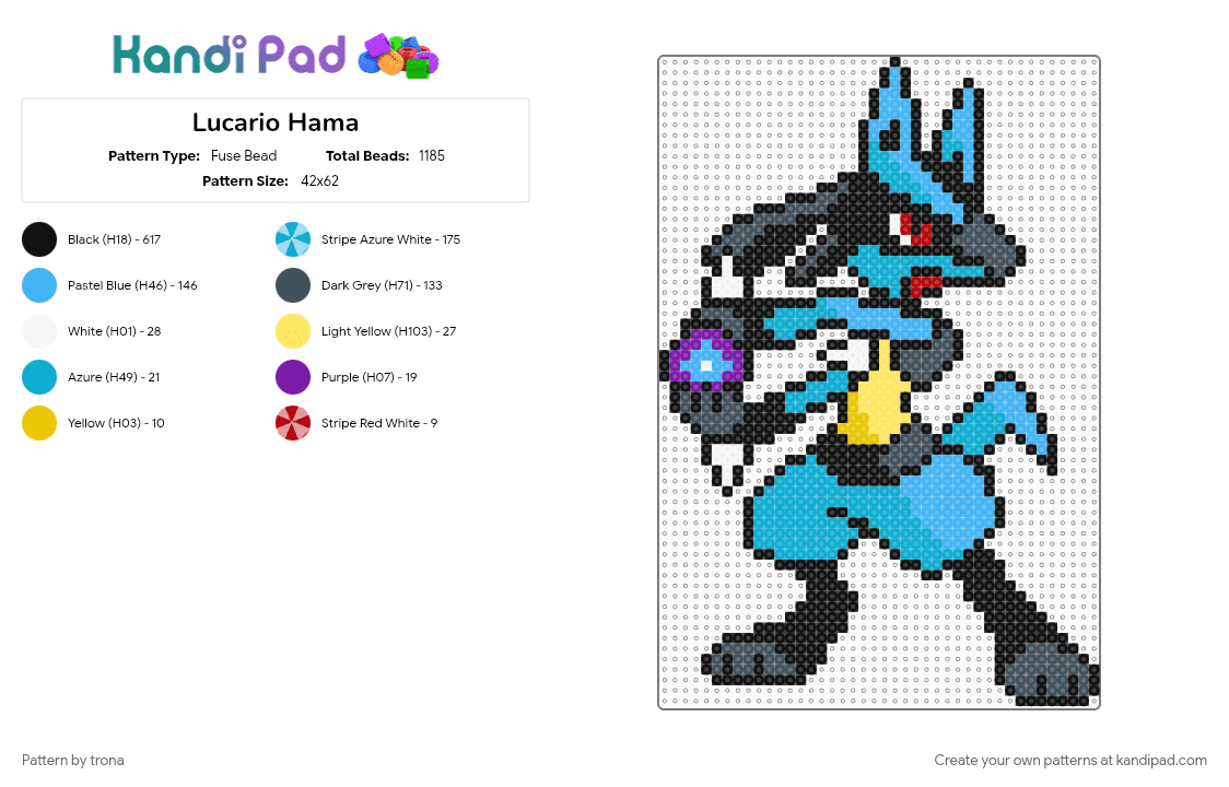 Lucario Hama - Fuse Bead Pattern by trona on Kandi Pad - black, hama, light blue, lucario, pokemon, purple