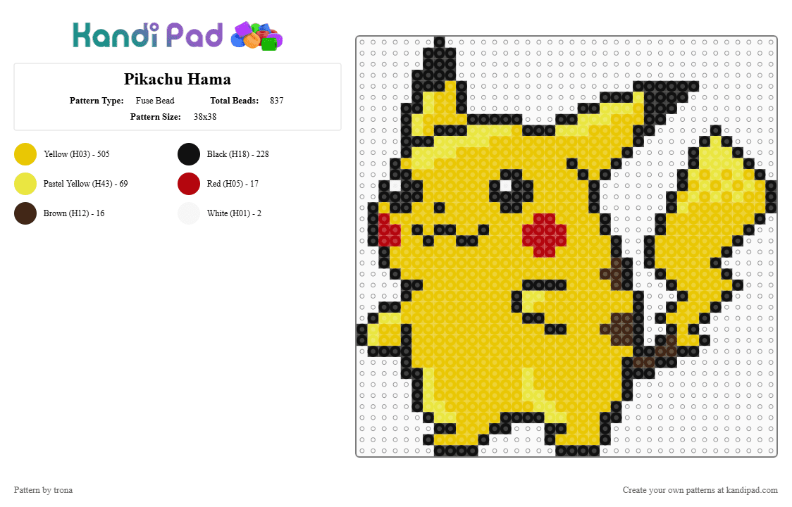 Pikachu Hama - Fuse Bead Pattern by trona on Kandi Pad - yellow,hama,pikachu,pokemon