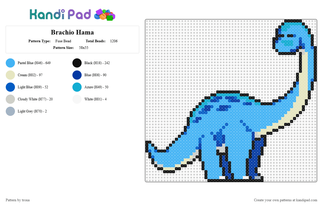 Brachio Hama - Fuse Bead Pattern by trona on Kandi Pad - light blue,hama,dinosaur,brachio,brachiosaurus
