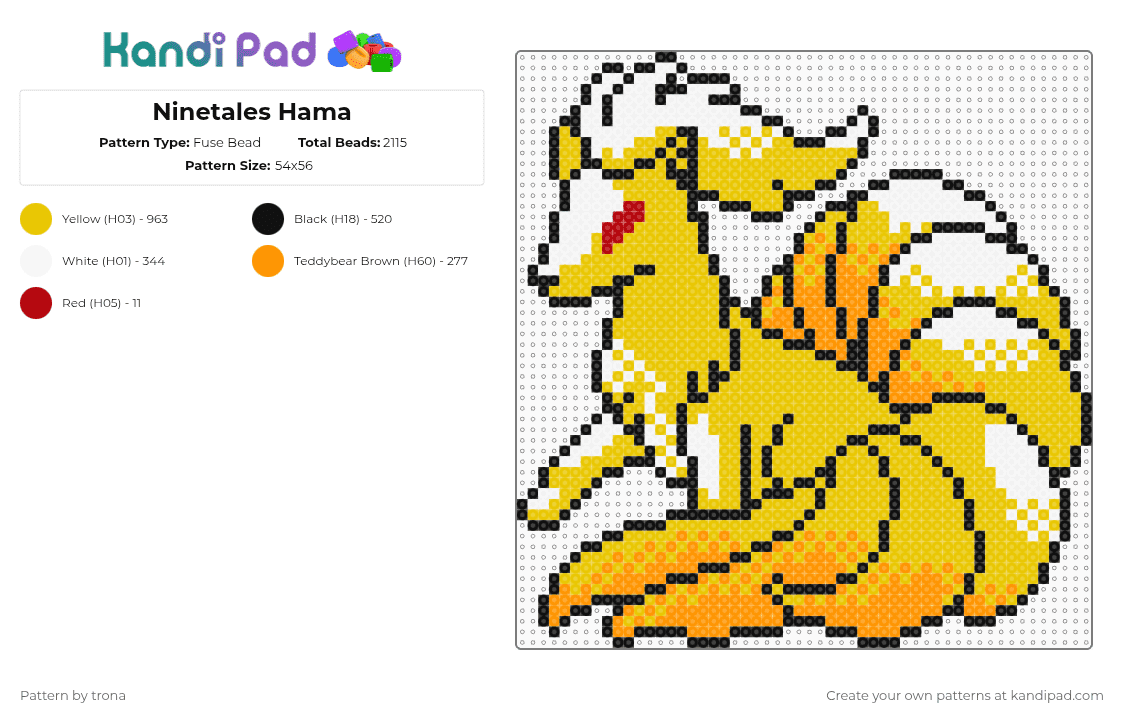 Ninetales Hama - Fuse Bead Pattern by trona on Kandi Pad - yellow,hama,ninetales,pokemon