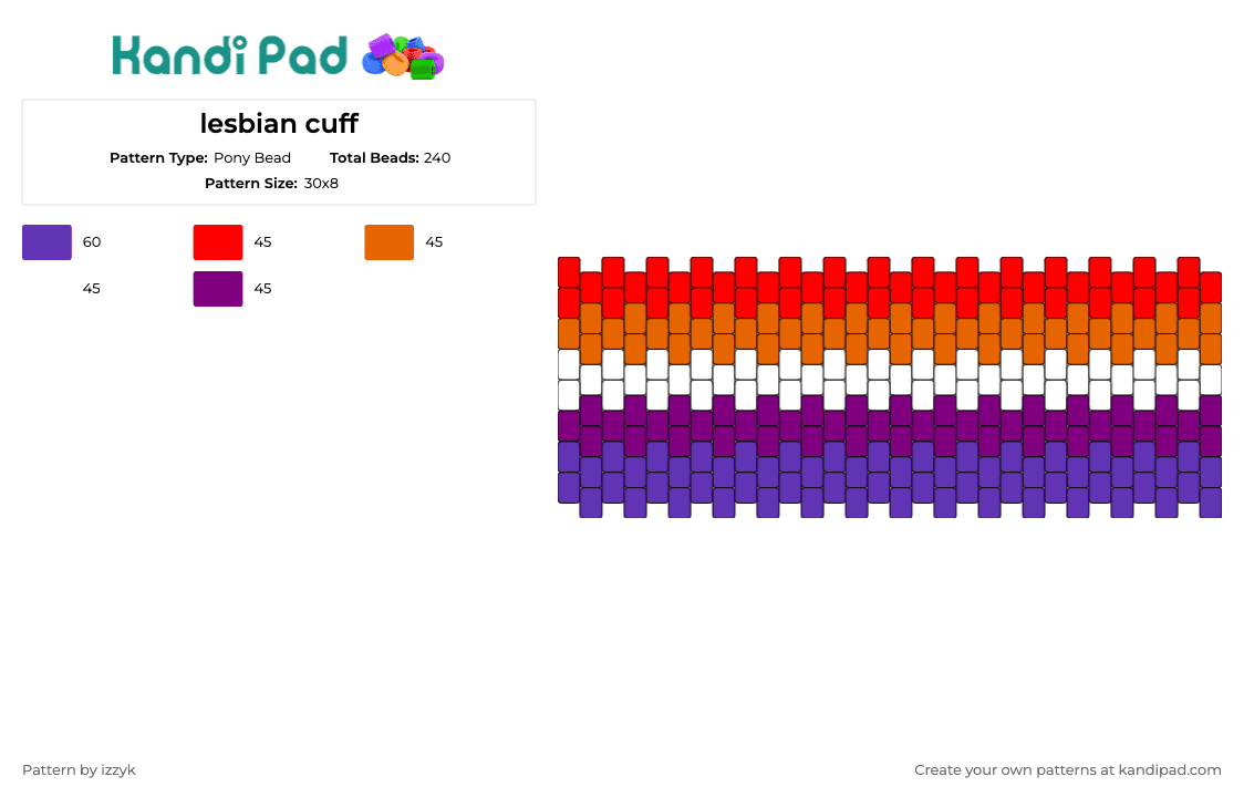 lesbian cuff - Pony Bead Pattern by izzyk on Kandi Pad - lesbian,pride,cuff,lgbtq,inclusion,diversity,flag,spectrum,vibrant,orange,purple