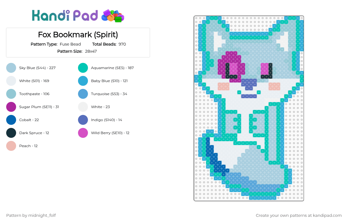 Fox Bookmark (Spirit) - Fuse Bead Pattern by midnight_folf on Kandi Pad - teal,light blue,spirit,fox,bookmark,cute