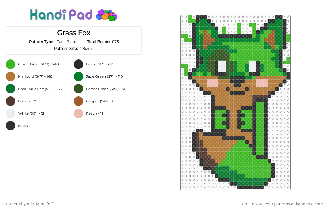 Grass Fox - Fuse Bead Pattern by midnight_folf on Kandi Pad - green,tan,fox,grass,cute