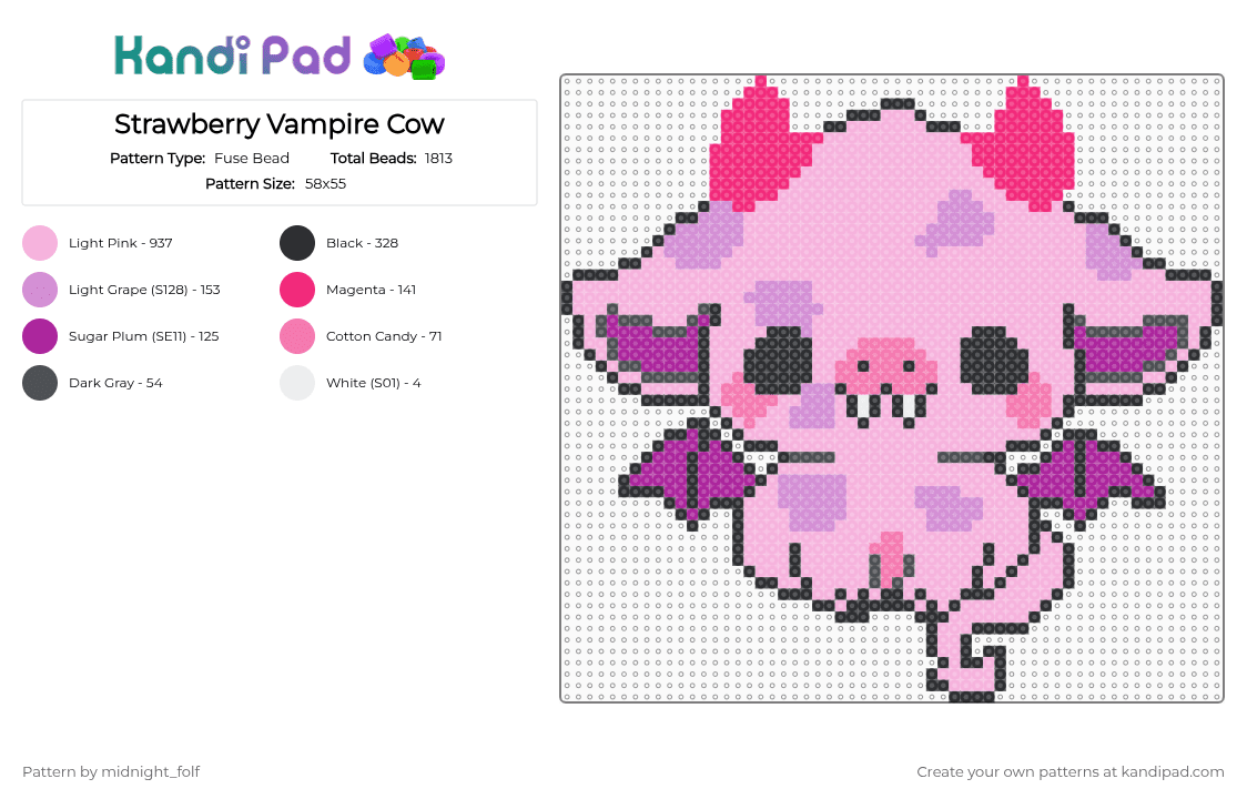 Strawberry Vampire Cow - Fuse Bead Pattern by midnight_folf on Kandi Pad - pink,strawberry,vampire,cow,cute,chibi