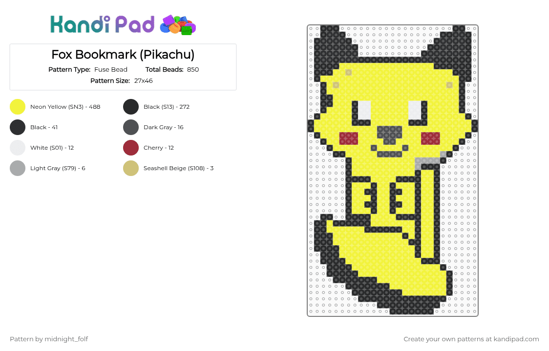 Fox Bookmark (Pikachu) - Fuse Bead Pattern by midnight_folf on Kandi Pad - yellow,pikachu,fox,bookmark,cute