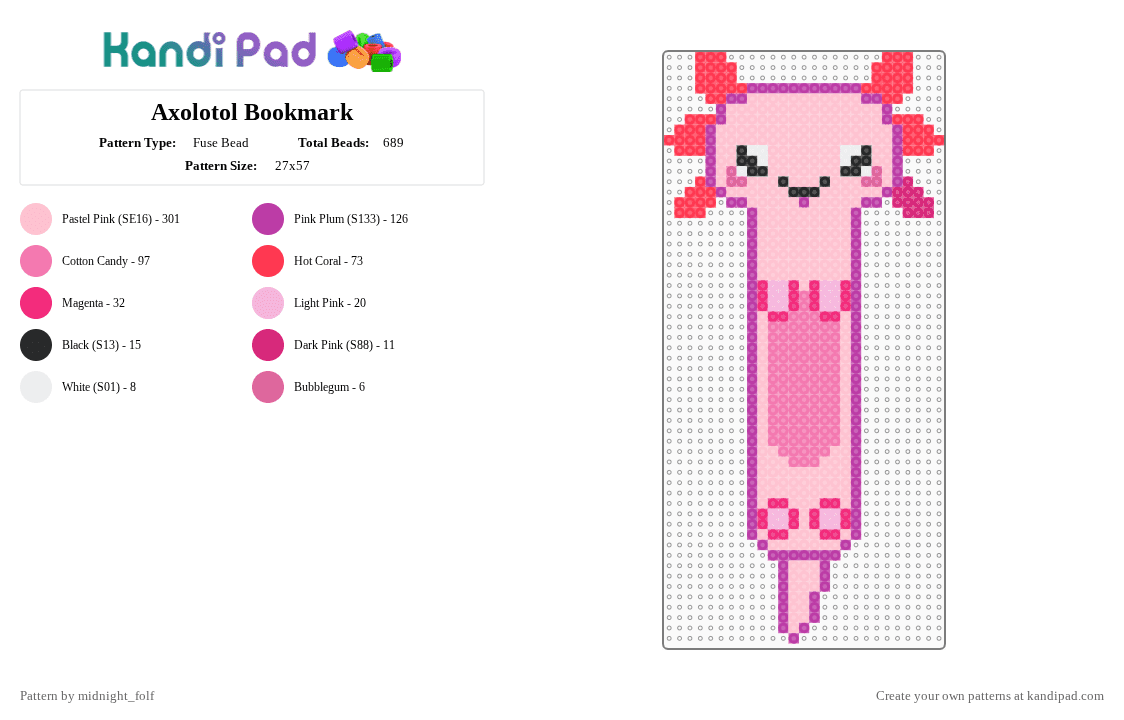 Axolotol Bookmark - Fuse Bead Pattern by midnight_folf on Kandi Pad - pink,axolotol,bookmark,cute