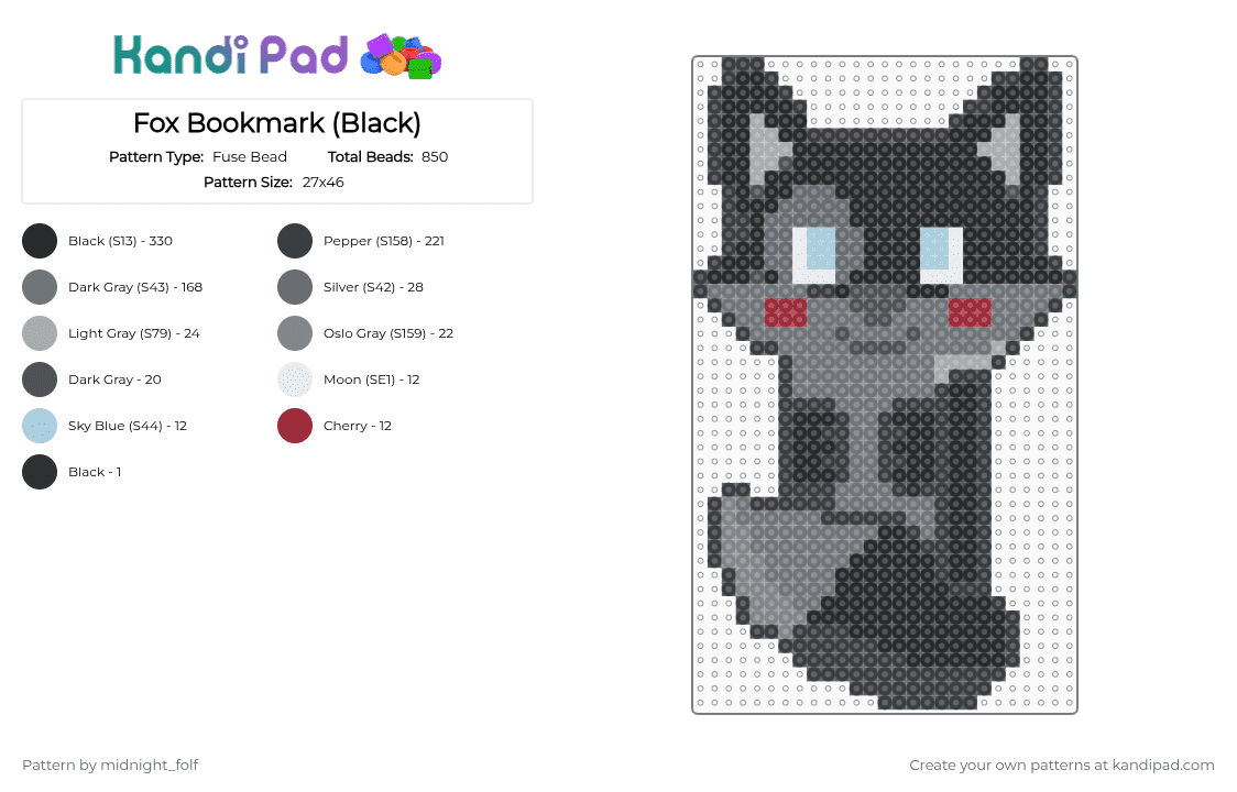 Fox Bookmark (Black) - Fuse Bead Pattern by midnight_folf on Kandi Pad - black,gray,fox,bookmark,cute