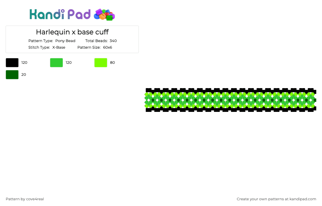 Harlequin x base cuff - Pony Bead Pattern by cove4real on Kandi Pad - black, cuff, freak circus, green, harlequin, tfc, x base