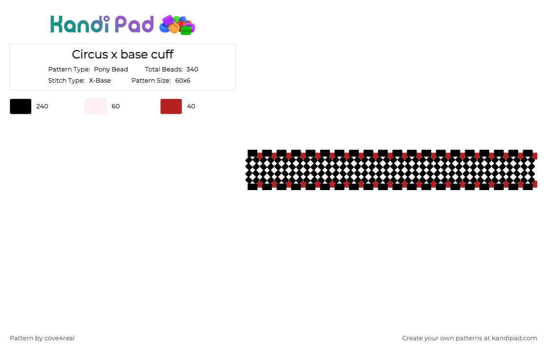 Circus x base cuff - Pony Bead Pattern by cove4real on Kandi Pad - black,red,white,circus,freak circus,tadc,carnival,jestercore,circuscore