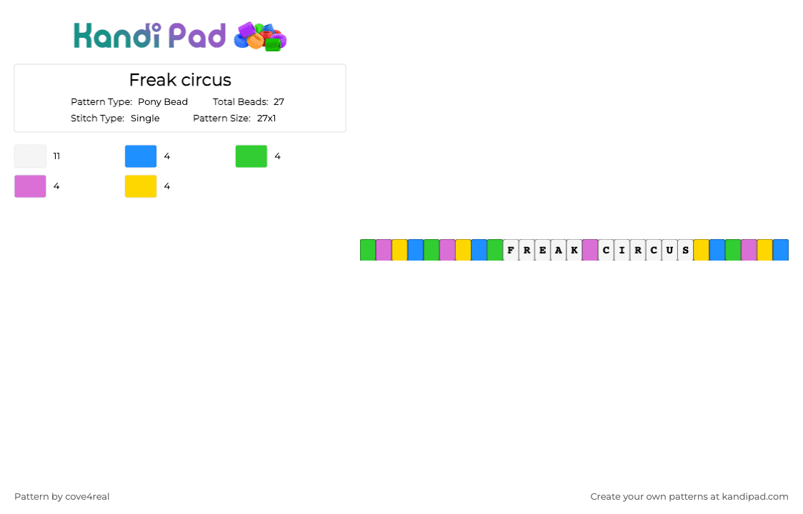 Freak circus - Pony Bead Pattern by cove4real on Kandi Pad - light blue,green,pink,yellow,tfc,freak circus,harlequin,peirrot,jester,the doctor
