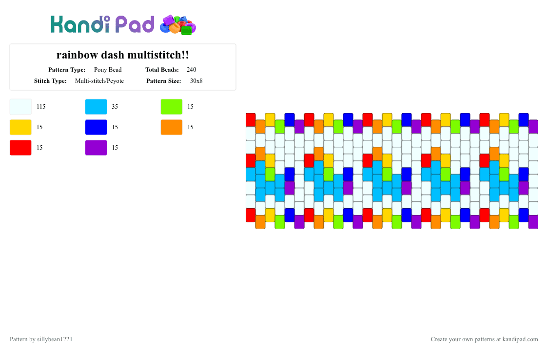 rainbow dash multistitch!! - Pony Bead Pattern by sillybean1221 on Kandi Pad - white,light blue,purple,mlp,rainbow dash,my little pony,rainbow,multi stitch,rainbow dash mlp