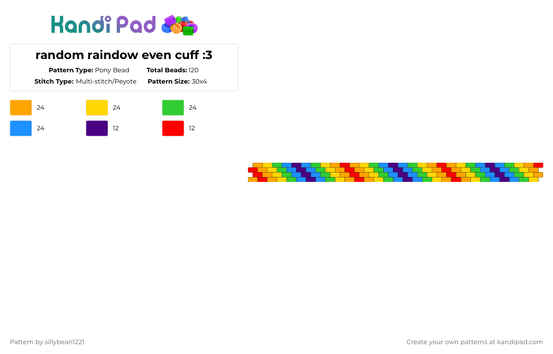random raindow even cuff :3 - Pony Bead Pattern by sillybean1221 on Kandi Pad - orange,yellow,green,light blue,raindow,even cuff,cuff,silly