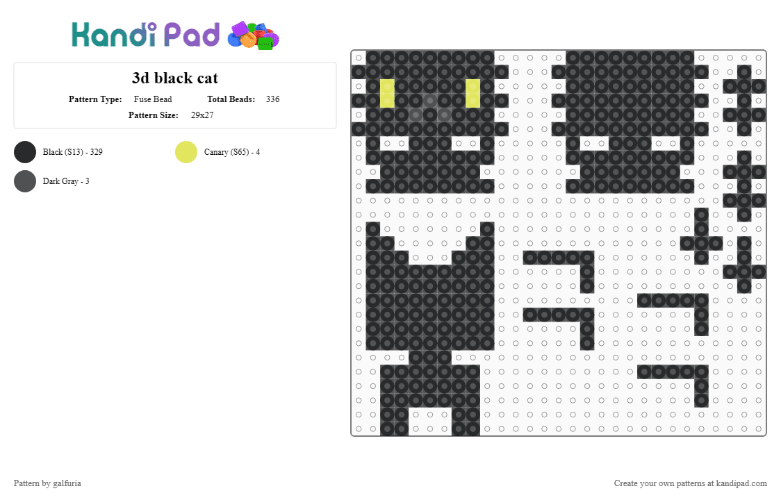 3d black cat - Fuse Bead Pattern by galfuria on Kandi Pad - black, gray, yellow