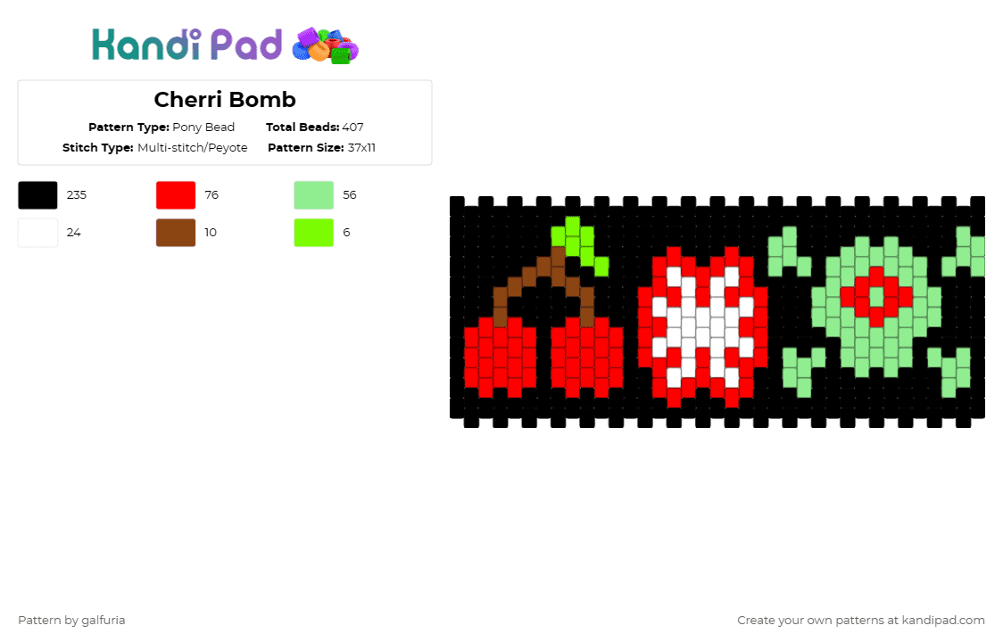 Cherri Bomb - Pony Bead Pattern by galfuria on Kandi Pad - black,red,teal,cherri bomb,cherri,cherry,skull,hazbin,hazbin hotel,explosion
