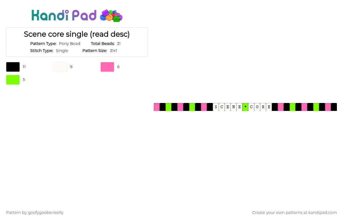Scene core single (read desc) - Pony Bead Pattern by goofygooberissilly on Kandi Pad - green,pink,scene,scenecore,black,star,single,kandi