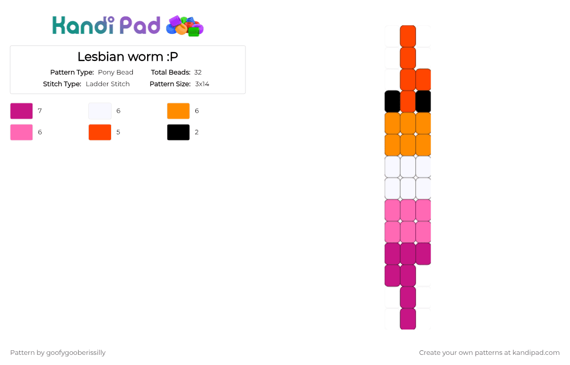 Lesbian worm :P - Pony Bead Pattern by goofygooberissilly on Kandi Pad - pink,pride,lesbian