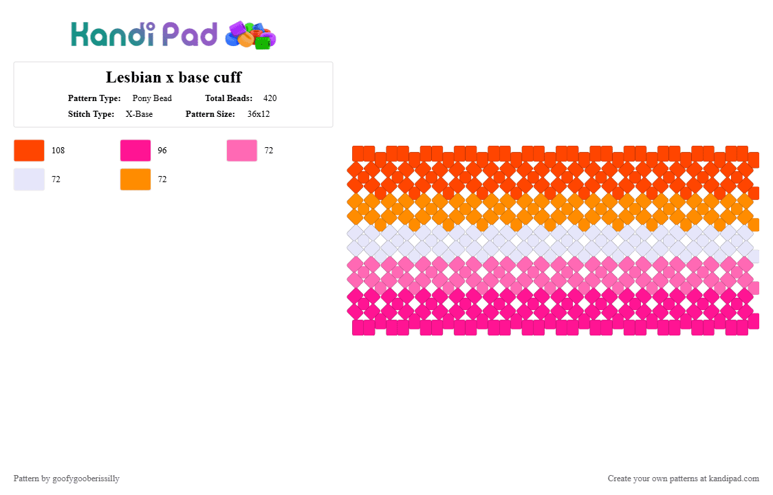 Lesbian x base cuff - Pony Bead Pattern by goofygooberissilly on Kandi Pad - pink,lesbian,pride,orange,white,xbase,cuff