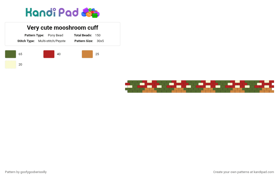 Very cute mooshroom cuff - Pony Bead Pattern by goofygooberissilly on Kandi Pad - gold,nature,green,mushrooms,brown,red,white,cute