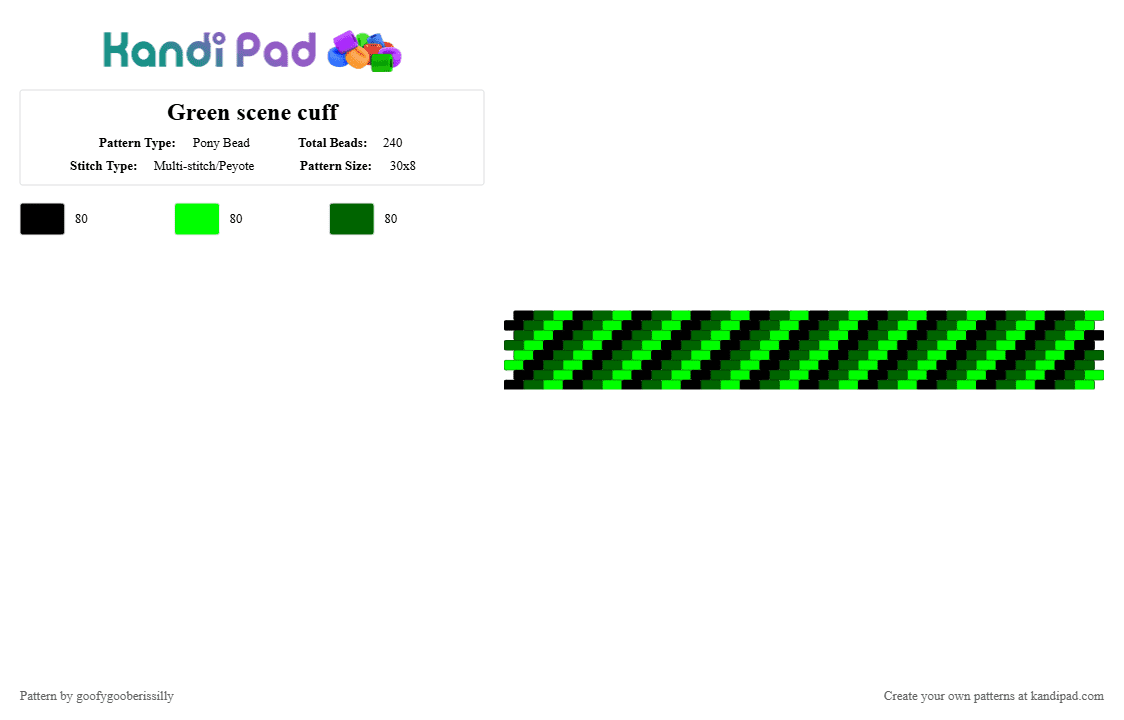 Green scene cuff - Pony Bead Pattern by goofygooberissilly on Kandi Pad - black,green,scene,kandi