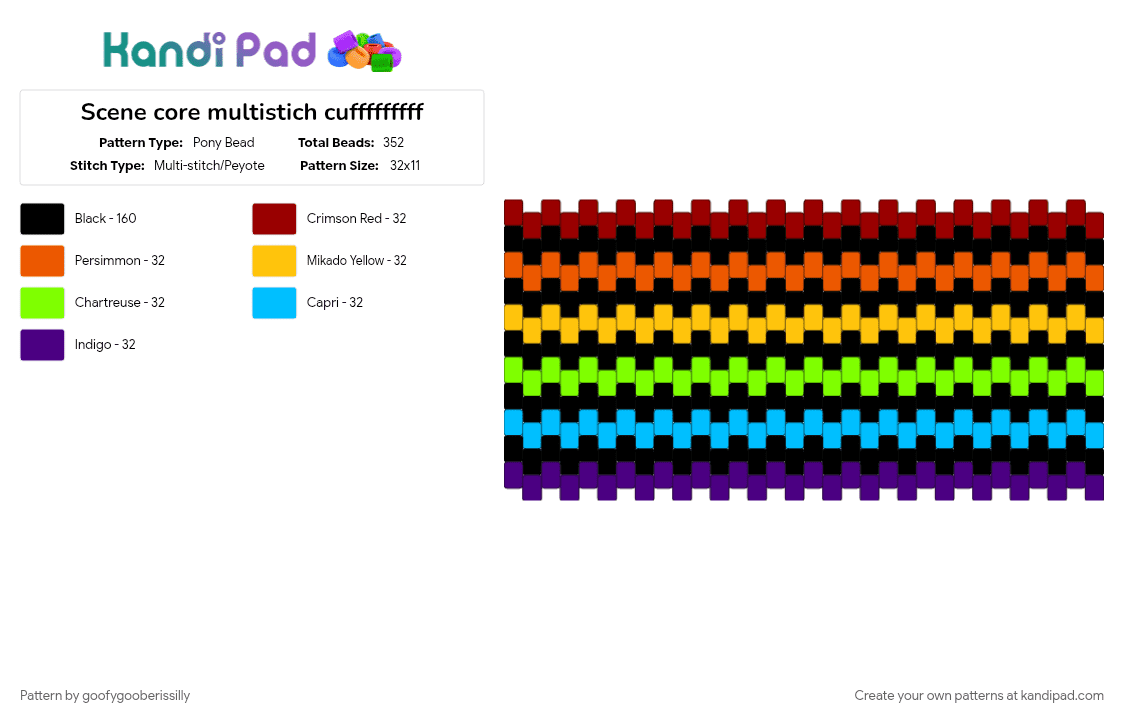 Scene core multistich cufffffffff - Pony Bead Pattern by goofygooberissilly on Kandi Pad - black, colorful, green, multistich, orange, purple, rainbow, scenecore, stripes, yippie