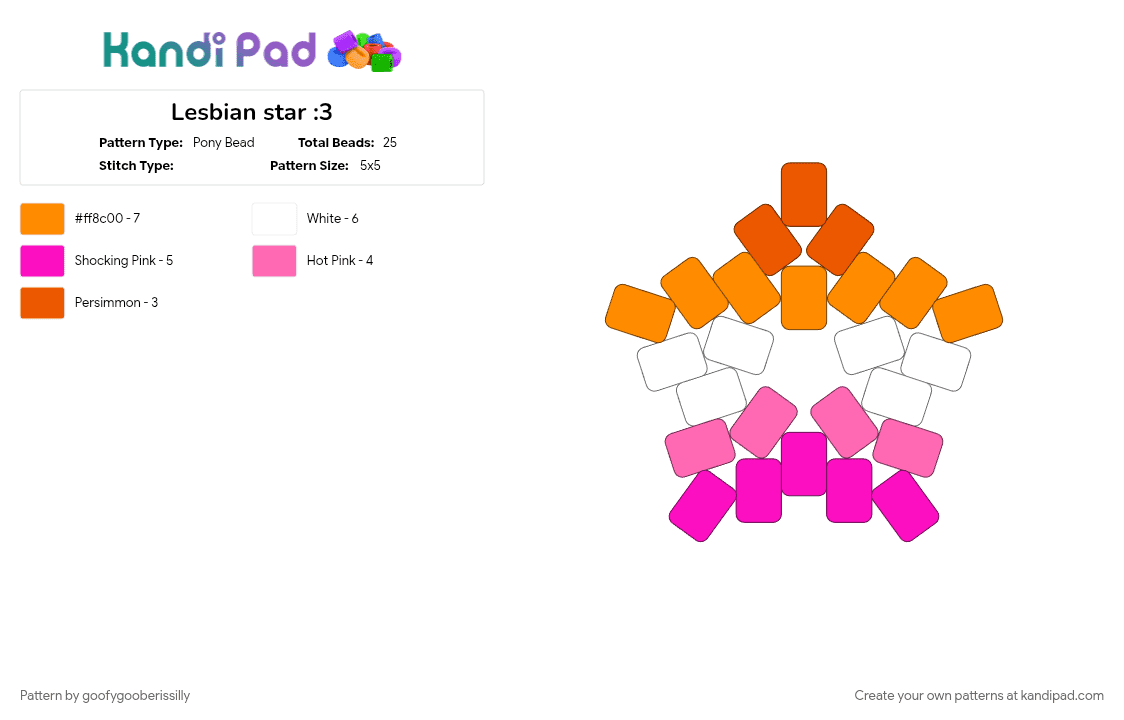 Lesbian star :3 - Pony Bead Pattern by goofygooberissilly on Kandi Pad - charm, lesbian, orange, pink, star, white