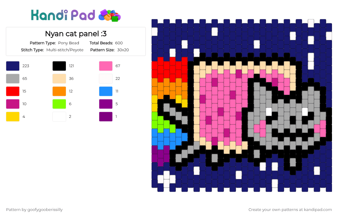 Nyan cat panel :3 - Pony Bead Pattern by goofygooberissilly on Kandi Pad - beige,purple,pink,nyan cat,rainbow,scene,cat,meow,scenecore