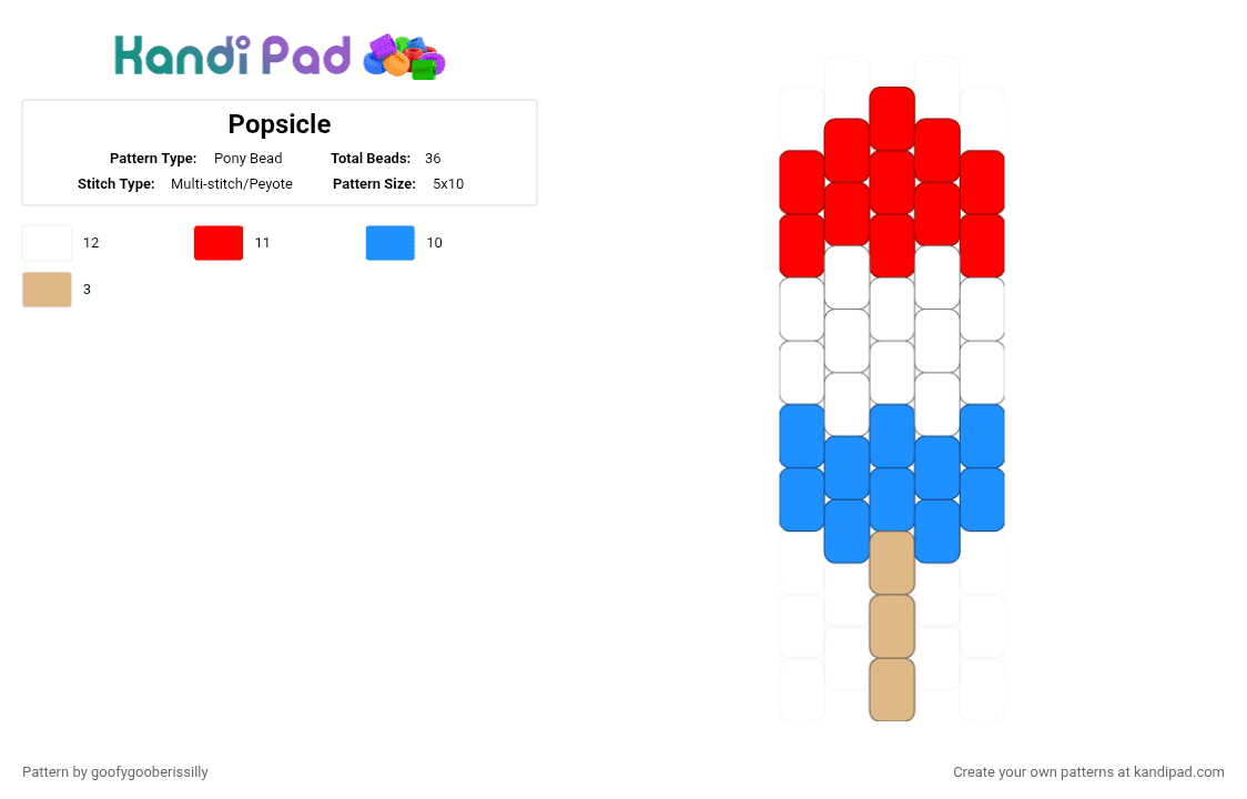 Popsicle - Pony Bead Pattern by goofygooberissilly on Kandi Pad - light blue,red,cold,tan,blue,white,popcicle,yum,yummy