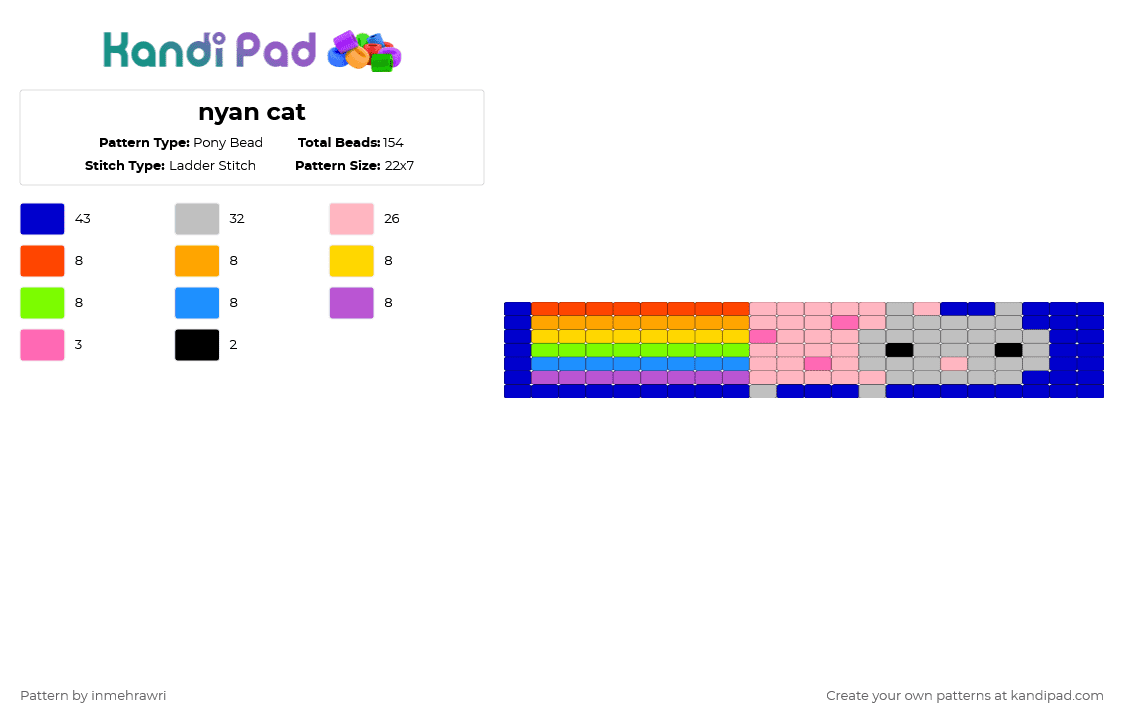 nyan cat - Pony Bead Pattern by inmehrawri on Kandi Pad - beige, cat, ladder cuff, nyan cat, pink, purple, rainbow