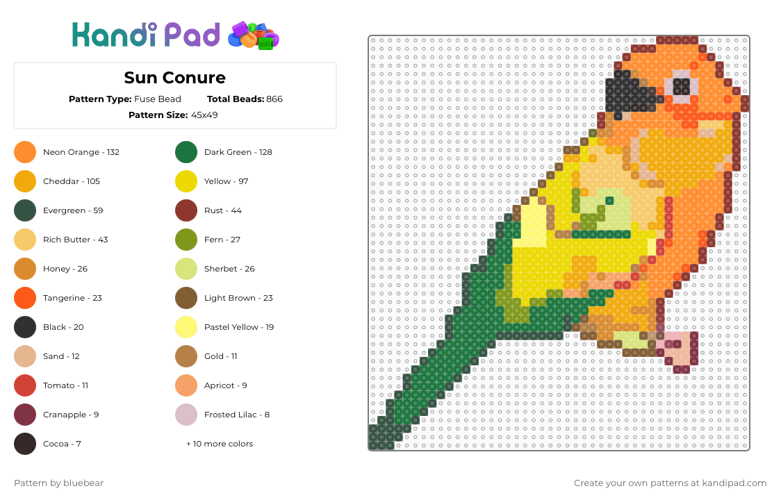Sun Conure - Fuse Bead Pattern by bluebear on Kandi Pad - green, orange, yellow