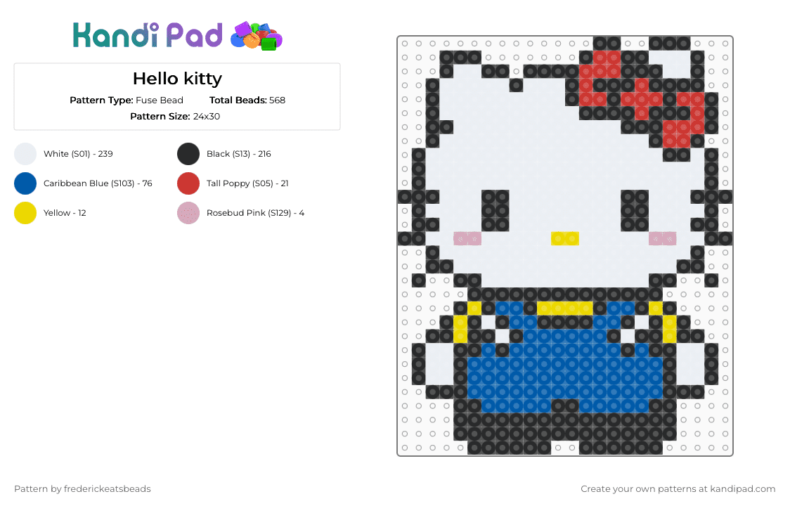 Hello kitty - Fuse Bead Pattern by frederickeatsbeads on Kandi Pad - white,blue
