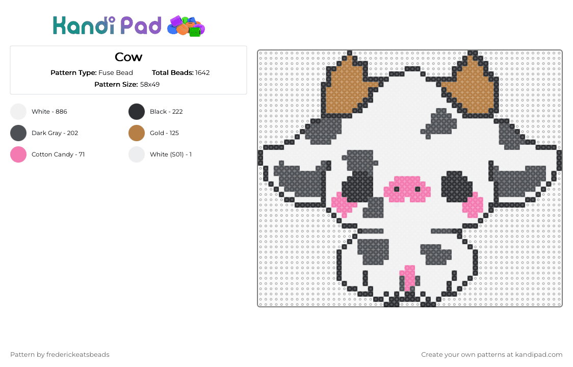 Cow - Fuse Bead Pattern by frederickeatsbeads on Kandi Pad - white,gray