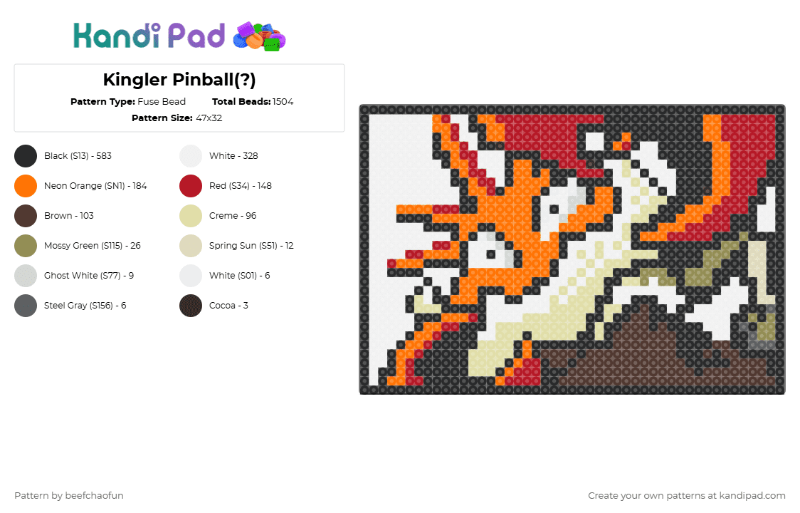 Kingler Pinball(?) - Fuse Bead Pattern by beefchaofun on Kandi Pad - orange,red,brown,yellow,pokemon,kingler,perler,tcg