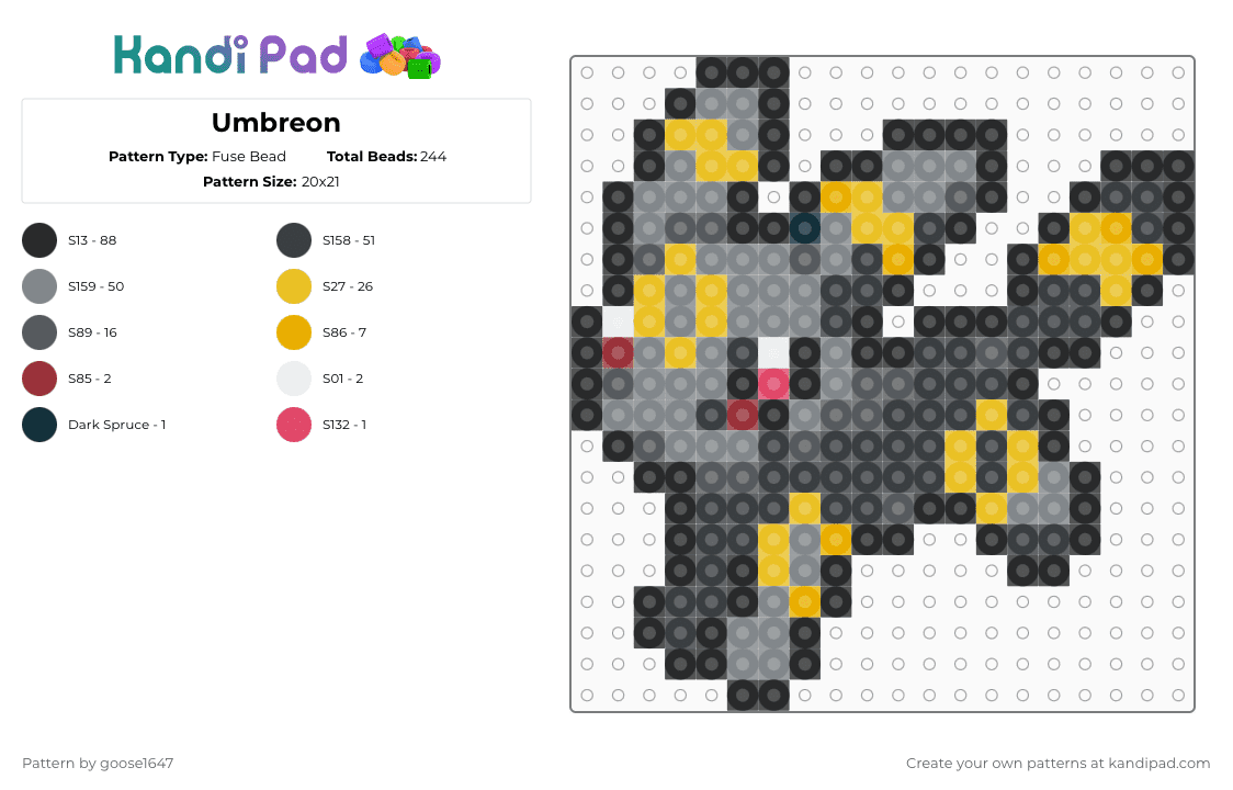 Umbreon - Fuse Bead Pattern by goose1647 on Kandi Pad - black,gray,yellow