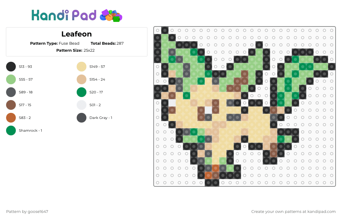 Leafeon - Fuse Bead Pattern by goose1647 on Kandi Pad - beige,teal
