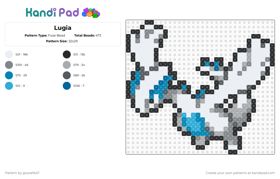Lugia - Fuse Bead Pattern by goose1647 on Kandi Pad - white,gray