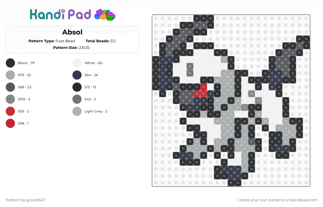 Absol - Fuse Bead Pattern by goose1647 on Kandi Pad - gray