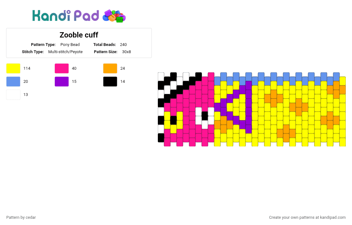 Zooble cuff - Pony Bead Pattern by cedar on Kandi Pad - pink,yellow