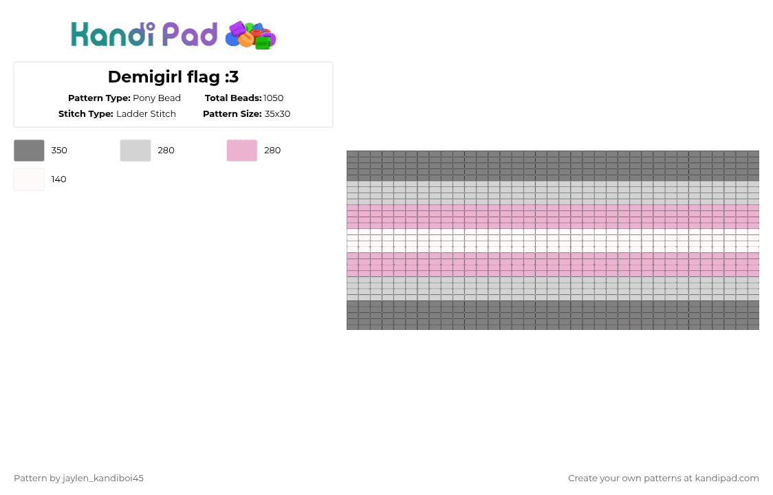 Demigirl flag :3 - Pony Bead Pattern by -ruv- on Kandi Pad - gray,pink