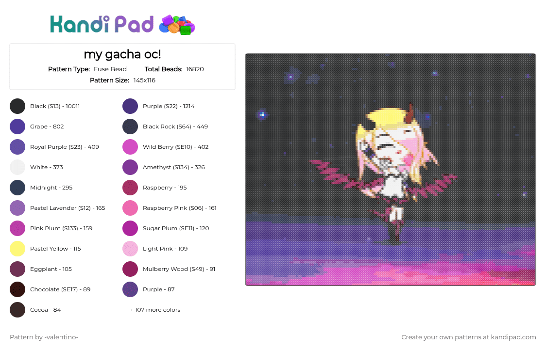 my gacha oc! - Fuse Bead Pattern by -ruv- on Kandi Pad - black,purple,pink